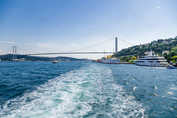 Istanbul, Turkey. Bosphorus Bridge and yachts 