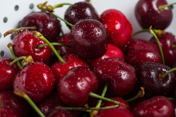 Fresh clean organic ripe cherries in colander