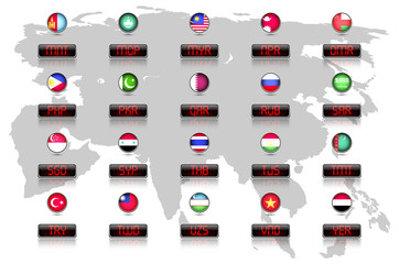 Countries flags with official currency symbols, Asia part 2