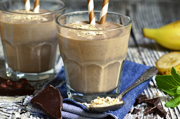 Chocolate and banana smoothie with oats.