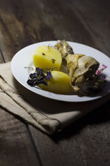 potatoes, meat wooden table
