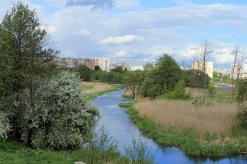 Fototapeta na wymiar Река и поле на окраине города