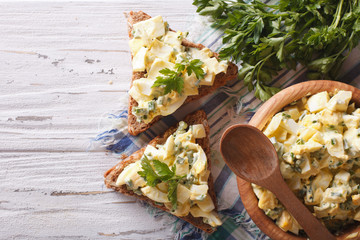 toasts and egg salad with herbs horizontal top view
