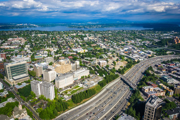 View of I-5 and Lake Washington, in Seattle, Washington.