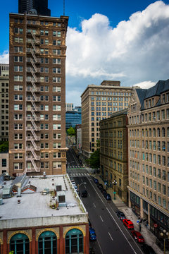 View of buildings and a street in downtown Seattle, Washington.