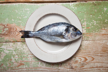 Plate with a fresh fish (Sparus aurata) on rustic green table