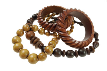 Handmade wood jewelry isolated on white background