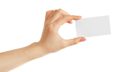 Obraz premium Female hand holding card isolated on white