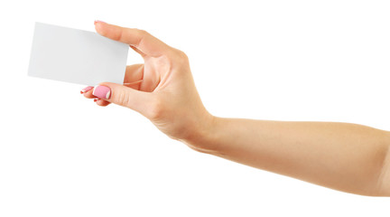 Obraz premium Female hand holding card isolated on white