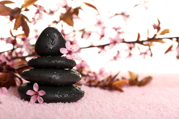 Spa stones and spring flowers on towel on light background