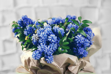 Beautiful bouquet of muscari - hyacinth in vase on wall background