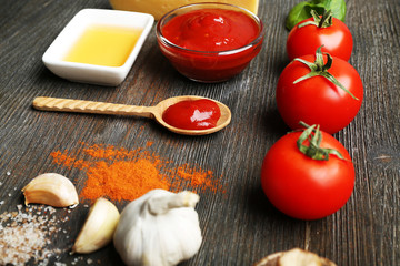 Ingredients for cooking pizza on wooden table, closeup