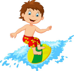 Kids play surfing on surfboard over big wave