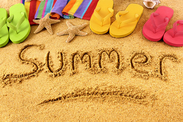 Summer beach writing word written in sand sunny tropical holiday vacation photo