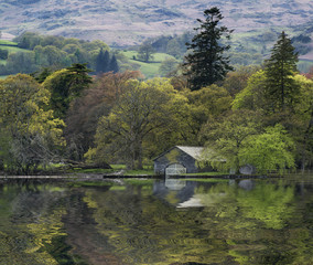 Fototapeta premium Forest landscape reflected in calm water of Consiton Water in La