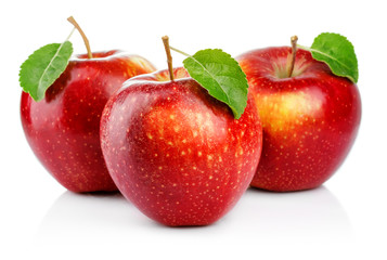 Three red apples with leaf isolated on a white background