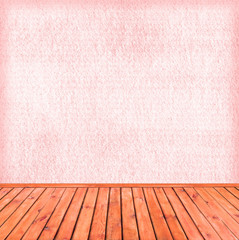 Empty pink interior: concrete wall, wooden floor