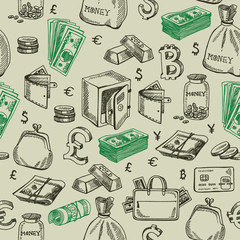 Money falling vector seamless pattern.