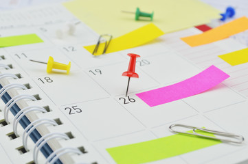 Red pin with post It notes and pin on business diary page