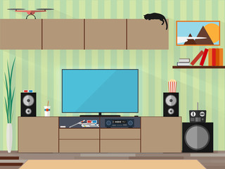 Living room with furniture and long shadows. Flat style vector