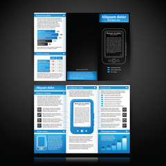 Blue-colored brochure template with tablet pc illustration.
