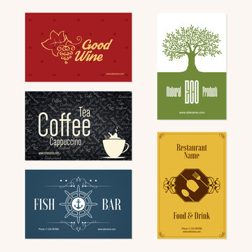 Set of 5 detailed business cards. For cafe and restaurant