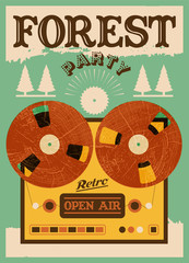 Vintage open air forest party poster. Vector illustration.