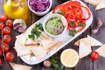 Tortilla Chips nachos, Guacamole and Ingredients