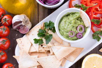 Tortilla Chips nachos, Guacamole and Ingredients