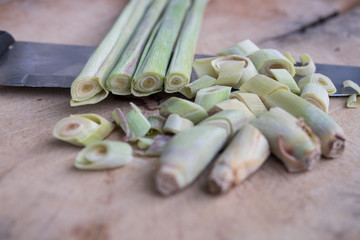 lemongrass and knife on the chopping block