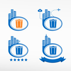 Vector trash can icon on city background.