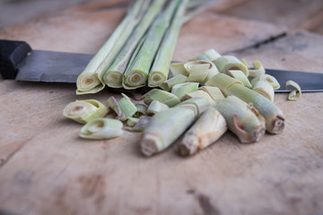 lemongrass and knife on the chopping block
