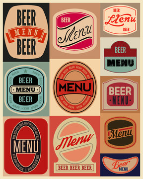 Beer menu design with retro beer labels. Vector illustration.