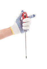 Hand in glove holding screwdriver.