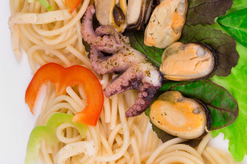 Seafood with italian pasta as haute cuisine.