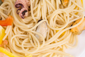 Italian pasta with seafood as haute cuisine.