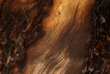 Zelfklevend Fotobehang Hout Sporen van vuur op een oud hout (close-up foto)