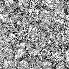 Seamless  floral retro doodle black and white pattern in vector