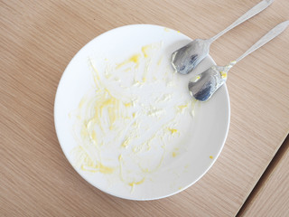 Empty white dish after cake on the table.