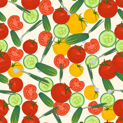 Seamless colorful background made of tomato, green onion and cuc