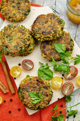 spicy vegan curry burgers with millet, chickpeas and herbs