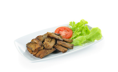 fried shitake stem ,vegetarian food on white background