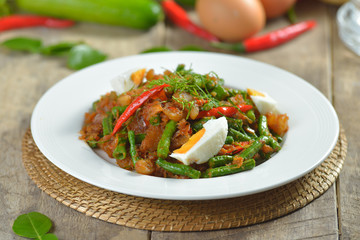 Stir-fried pork with lentil   in spicy red chilli ,thais cuisine