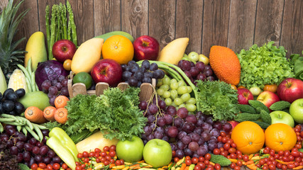 Fototapeta na wymiar Large group of tropical fruits and vegetables organics