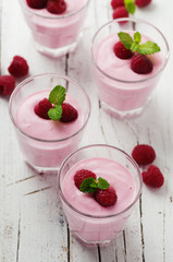 Homemade yogurt with raspberry and mint