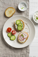toast with cucumber, radish and cheese on light vintage plate 