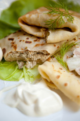 Crepes with the chicken, mushroom, lettuce 