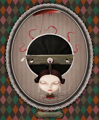 Conceptual illustration of   girl and  guillotine. 