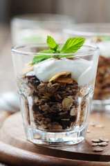 Healthy breakfast with muesli and yogurt