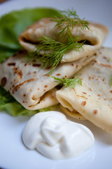 Crepes with the chicken, mushroom, lettuce 